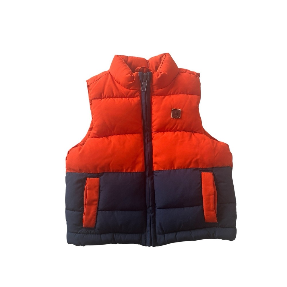Janie & Jack Boys Size 6-12 Months Puffer Vest Orange Navy Colorblock Pocket Zip